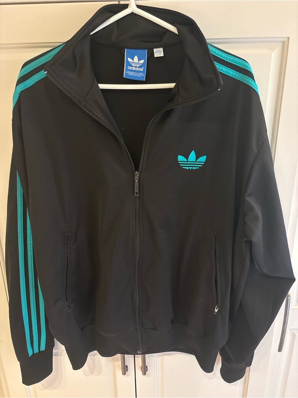 Adidas Women’s Black Track Jacket with Teal Stripes large
